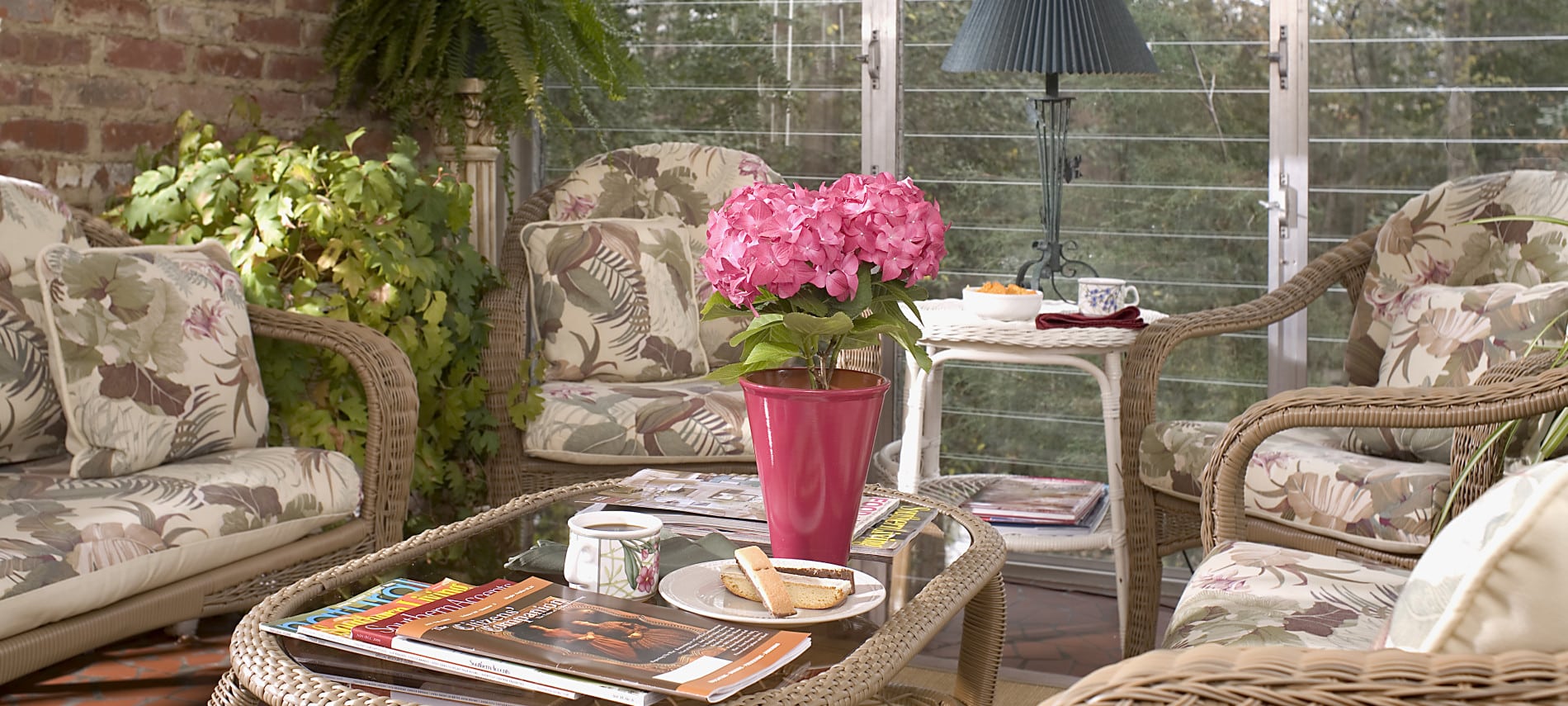 pink potted hydrangea plant on wicker and glass table with magazines and plate of biscotti